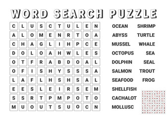 Vector illustration. Word search puzzle. Crossword puzzle on the ocean and the sea