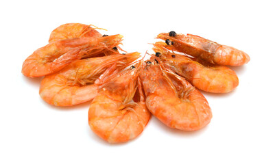 Stack cooked unshelled tiger shrimps isolated on white