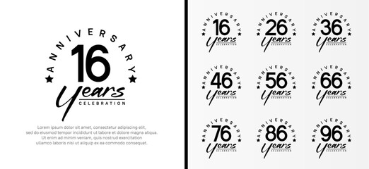 set of anniversary logo flat black color number and black text on white background for celebration