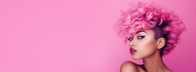 Pink fashion trendy portrait of African American woman with short curly pink hair. Wide web banner. Stylish modern fashionable trendy girl with short pink hair on pink background, fashion doll,