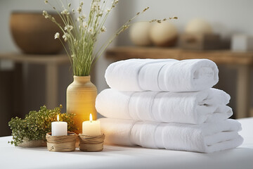 Towels, Herbal Bags, and Beauty Treatments in a Tranquil White Room Setting at the Spa Center. created with Generative AI