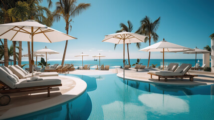 Fototapeta premium Seaside Retreat Luxurious Swimming Pool and Loungers with Umbrellas, Framed by Palm Trees and Blue Sky near the Beach. created with Generative AI