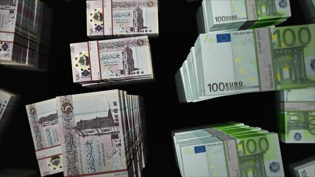 Euro and Libya Dinar money exchange. Paper banknotes pack bundle. Concept of trade, economy, competition, crisis, banking and finance. Notes loopable seamless 3d animation.