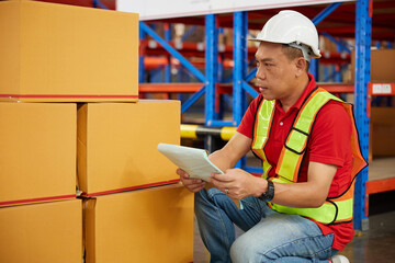 Fototapeta premium factory worker or warehouser checking corrugated boxes in the warehouse storage