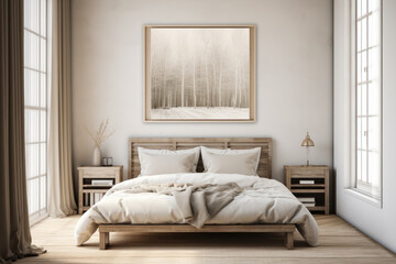 Fototapeta premium Bright bedroom with a wooden slatted bed.