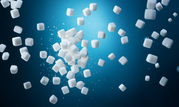 Many flying and falling white sugar small cubes on blue background
