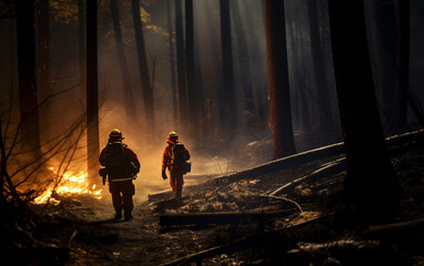 Fototapeta premium Photo of firefighters in front of a spreading wildfire
