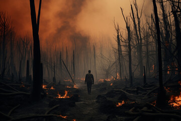 Fototapeta premium A person walking through a burned-down forest after a wildfire, some flames still burning