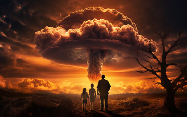 A family watching the horizon as the world ends with a big atomic explosion