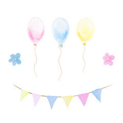 Colorful garland , balloons and flowers. Hand drawn watercolor painting in children's style. Cute design element for greeting card, invitation, textiles. Can be used in kid's products and print