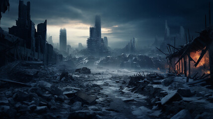 Photo of a destroyed city with decayed buildings and rubble in the foreground