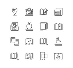 Set of books related icons, text, bookmark, learning, diary, library, newspaper and linear variety vectors. 