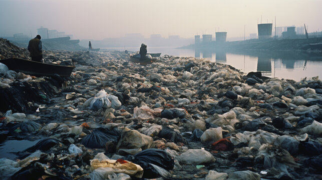 Very polluted coastline or river full of trash and garbage 