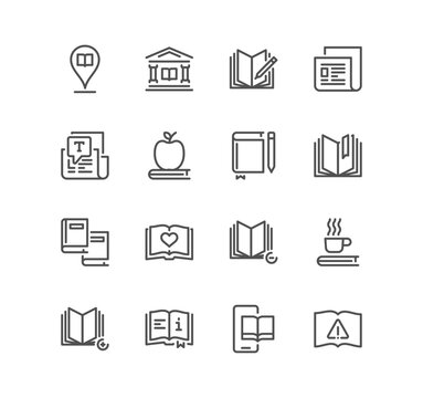 Set of books related icons, text, bookmark, learning, diary, library, newspaper and linear variety vectors. 