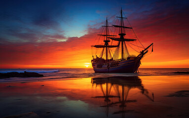 Vibrant scene of a pirate sailboat at anchor at the shore. The vessel is silhouetted and against the sunset with beautiful orange tones on the background