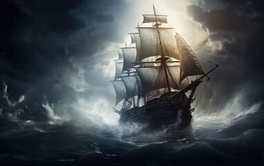 Old galleon ship sailing through a storm and fighting the strong waves and adverse weather - obrazy, fototapety, plakaty
