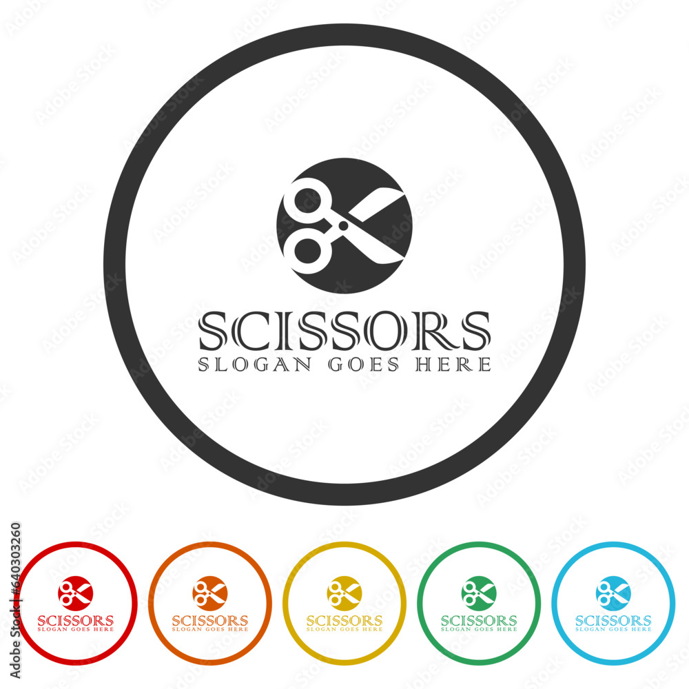 Poster scissors logo template. set icons in color circle buttons