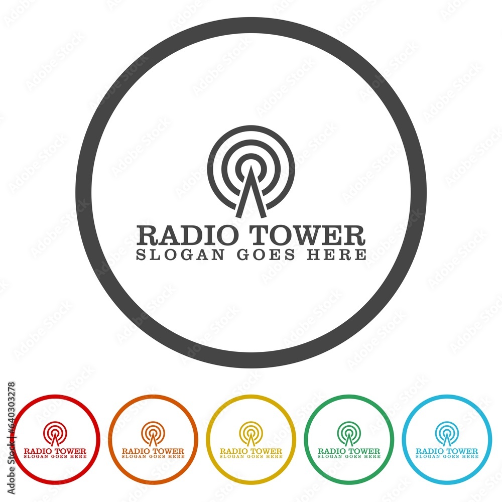 Poster radio tower logo template. set icons in color circle buttons