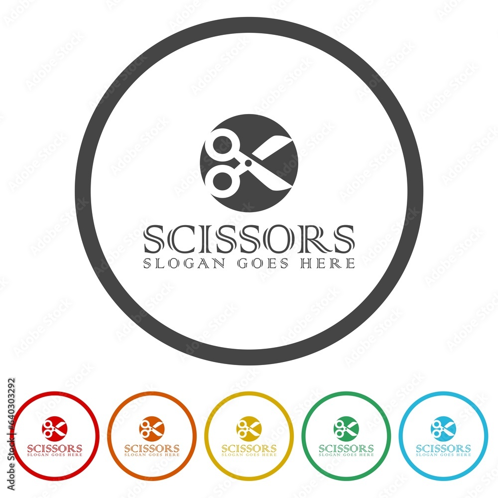 Poster scissors logo template. set icons in color circle buttons