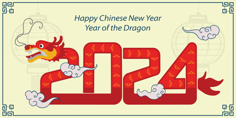 Chinese New Year 2024, the year of the Dragon, red and gold line art characters, simple hand-drawn Asian elements with craft (Chinese translation: Happy Chinese New Year 2024, year of the Dragon)