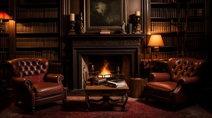 Study , A quiet study filled with leather-bound books, mahogany furniture, and a fireplace