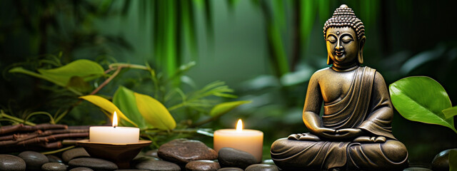 Defocused Buddha statue and candle on zen stones with green leaves.