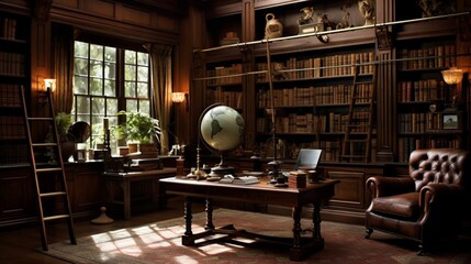 Study/Library , A scholarly haven featuring walnut bookshelves filled with leather-bound volumes, a roll-top desk, and antique globes - obrazy, fototapety, plakaty