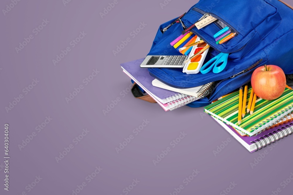 Canvas Prints Opened colored School backpack with set of stationery