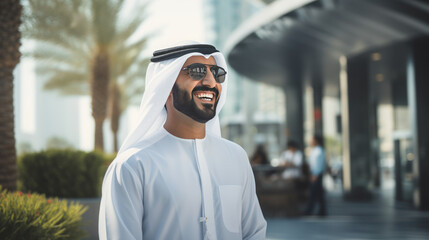 Young Emirati businessman in UAE talking with friends