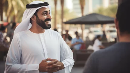 Fotobehang Young Emirati businessman in UAE talking with friends © EmmaStock