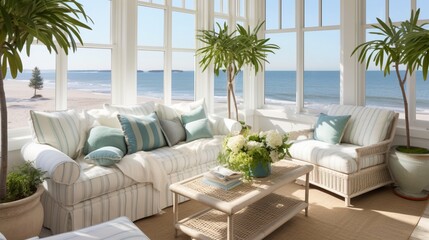 Sunroom , A sun-drenched room with wall-to-wall windows, plush daybeds, and a sprinkling of nautical decor