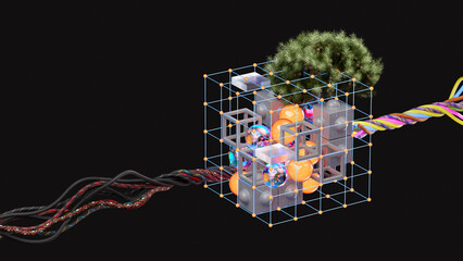 Bits of data, blockchain connection, AI process
