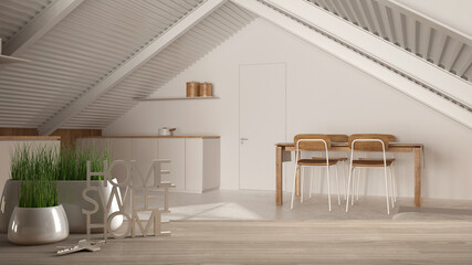 Wooden table, desk or shelf with potted grass plant, house keys and 3D letters home sweet home, modern mansard kitchen and dining room, interior design, copy space background