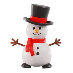 Render of a cheerful snowman with a top hat and a scarf. Vector 3d illustration isolated on white background