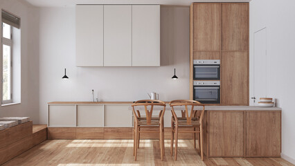 Scandinavian nordic wooden kitchen in white and beige tones. Dining island with chairs, cabinets and appliances. Minimal interior design