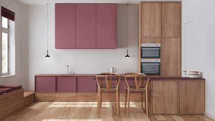 Scandinavian nordic wooden kitchen in white and red tones. Dining island with chairs, cabinets and appliances. Minimal interior design
