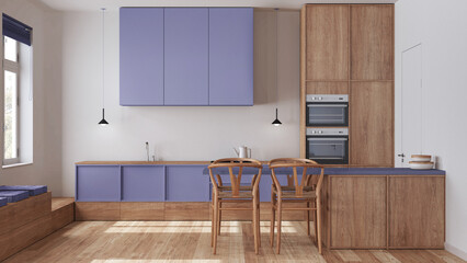 Scandinavian nordic wooden kitchen in white and purple tones. Dining island with chairs, cabinets and appliances. Minimal interior design - obrazy, fototapety, plakaty