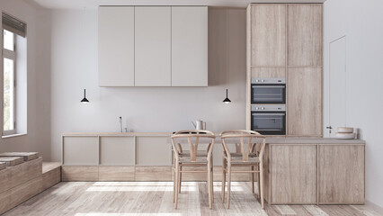 Scandinavian nordic bleached wooden kitchen in white and beige tones. Dining island with chairs, cabinets and appliances. Minimal interior design