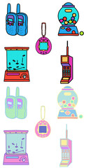 Set nostalgia 80s 90s colección conjunto de pegatinas de juguetes y juegos en colores neon y pastel con borde blanco. Incluye: teléfono, máquina de chicles, pecera de aros, mascota digital.