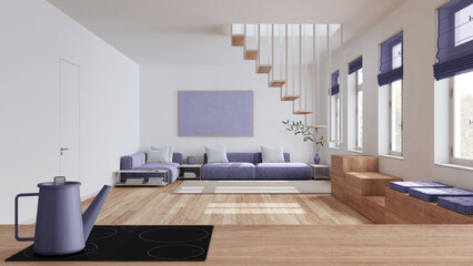 Wooden kitchen work top with induction hob and teapot close up. Nordic living room in white and purple tones. Sofa and minimal staircase. Scandinavian interior design