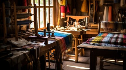 Textile Workshop , A rustic setting filled with looms, threads of multiple colors, and fabrics with intricate weaves