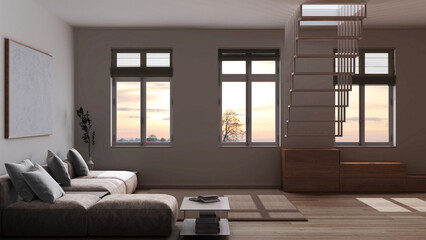 Dark late evening scene, scandinavian nordic wooden living room. Velvet sofa with pillows and carpet, Minimalist staircase. Modern interior design