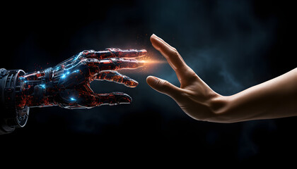 Photo ai artificial intelligence humans robot and human hands connecting