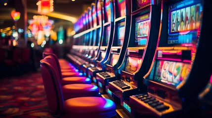 Crédence de cuisine en verre imprimé Las Vegas Slot machines in a casino, with empty chairs in front.