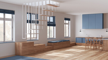 Minimalist nordic wooden kitchen and dining room in white and blue tones. Sofa, modern staircase and island with chairs. Scandinavian interior design