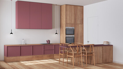 Minimalist nordic wooden kitchen and dining room in white and red tones. Cabinets, appliances and...