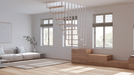 Contemporary nordic wooden living room in white and beige tones. Velvet sofa with pillows and carpet, cabinets, modern staircase. Minimal interior design