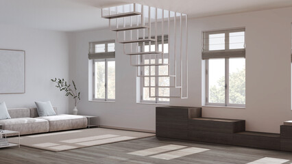 Contemporary nordic dark wooden living room in white and beige tones. Velvet sofa with pillows and carpet, cabinets, modern staircase. Minimal interior design