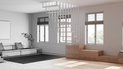 Architect interior designer concept: hand-drawn draft unfinished project that becomes real, contemporary nordic wooden living room. Sofa and staircase. Minimal style