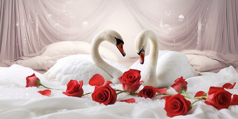 Romantic First Night Decoration Ideas,Bed with Roses and Duck-Shaped Decor for Anniversary